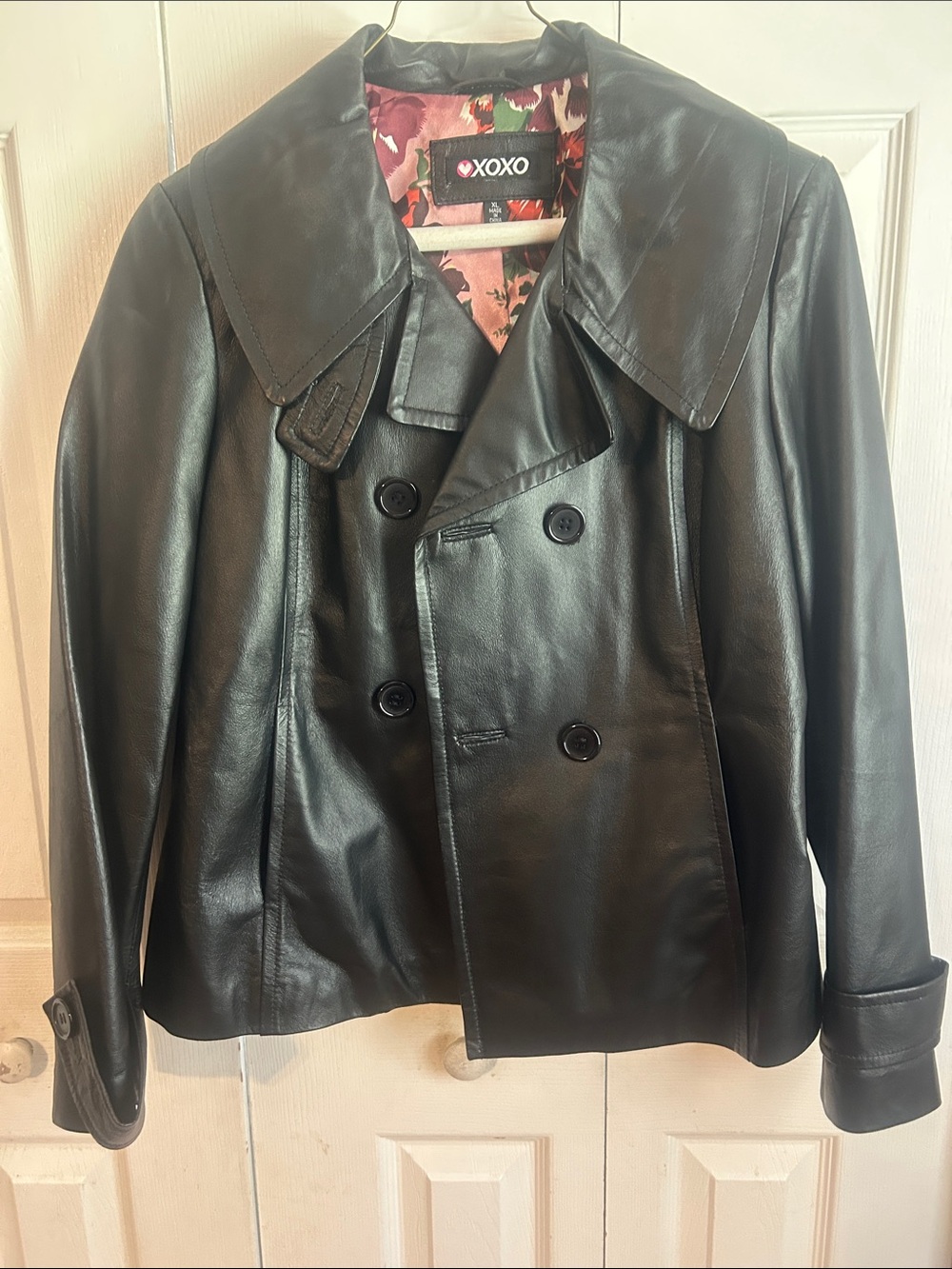 XOXO Black Genuine Leather Double-Breasted Peacoat. Size XL💕